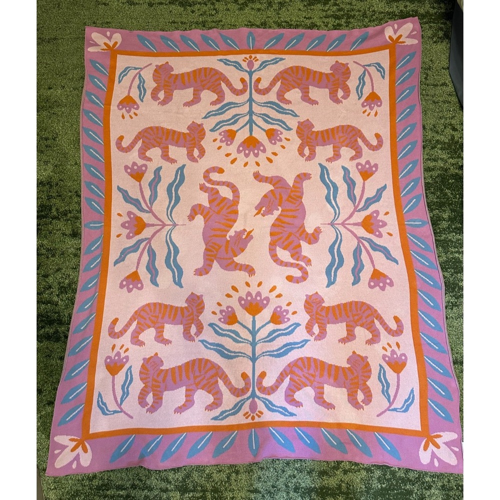 Jotex ROAR Tiger Throw Blanket Pink Organic Cotton Knit 50x62 India